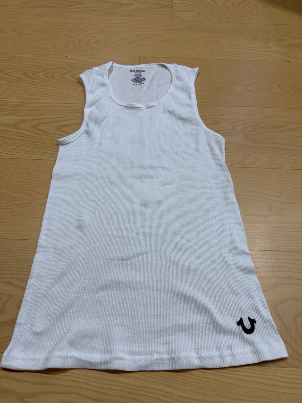 True Religion White Ribbed Scoop Tank with Black Logo